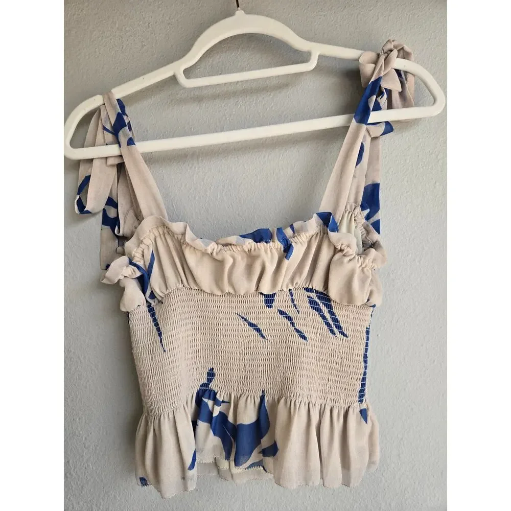 Wilfred Free Sail Ruched Smocked Tie Strap Tank Top Blouse Blue Floral